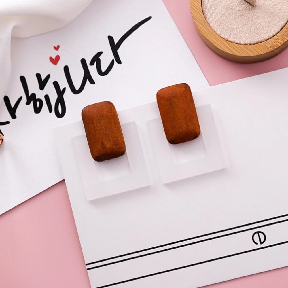 Fashion earrings jewelry wood wooden brown white resin square large dangle drop